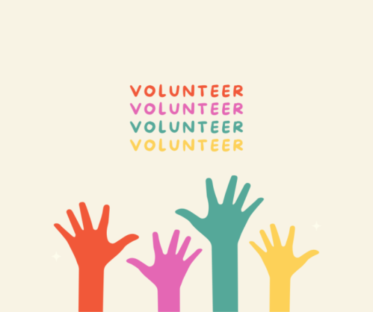 Graphic image of raised hands and the word volunteer